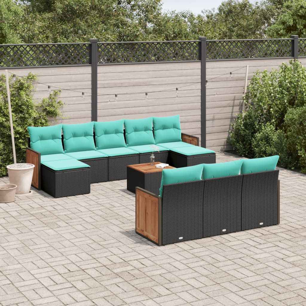 vidaXL 10-delige tuinbankset met kussens van zwart polyrotan
