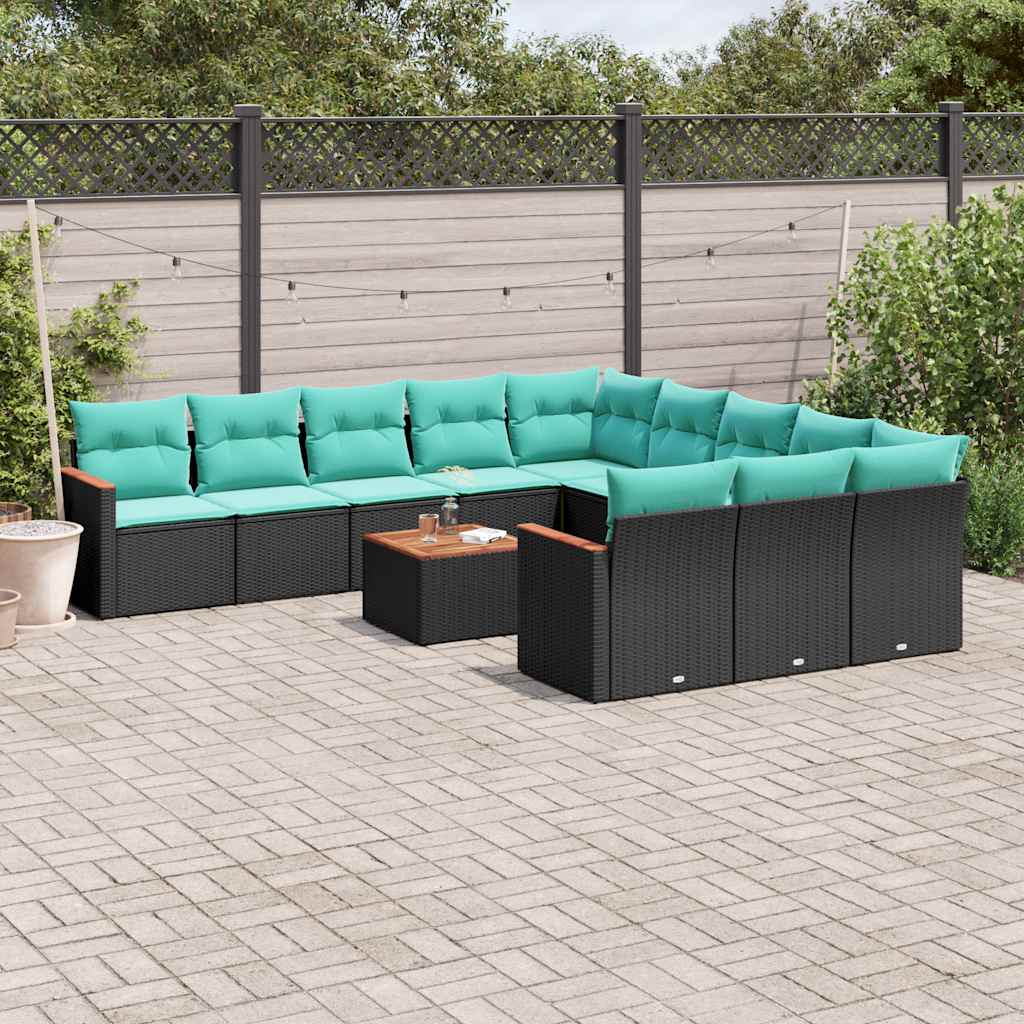 vidaXL 11-delige tuinbankset met kussens, zwart polyrotan