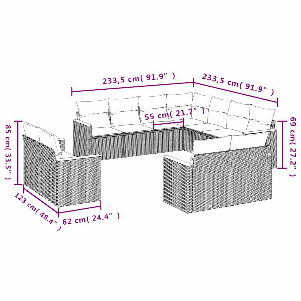 vidaXL 11-delige tuinbankset met kussens, grijs polyrotan