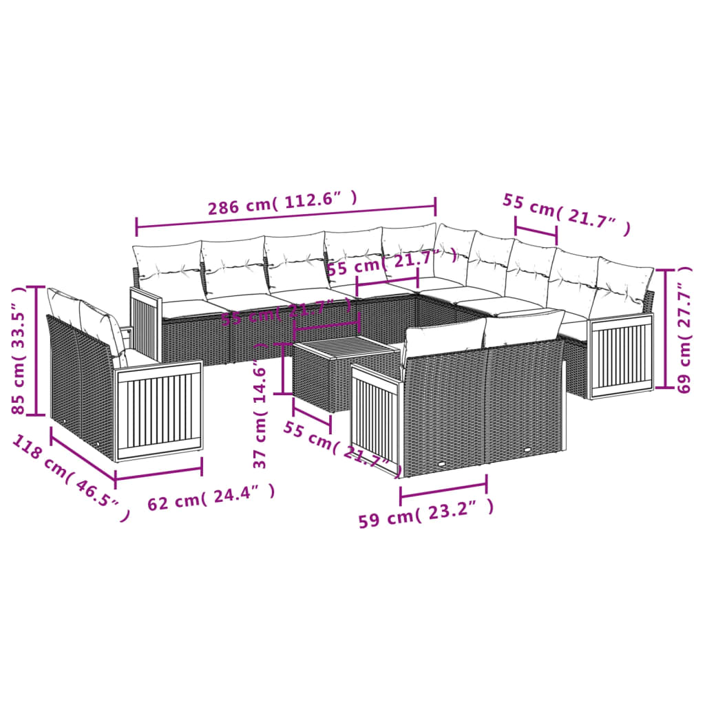 vidaXL 13-delige tuinbankset met kussens, grijs polyrotan