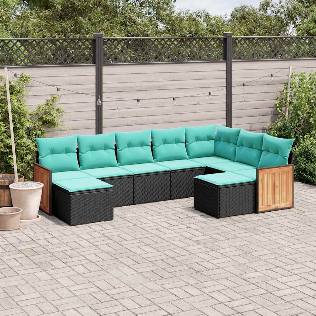 vidaXL 9-delige tuinbankset met kussens van zwart polyrotan
