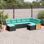 vidaXL 9-delige tuinbankset met kussens van zwart polyrotan