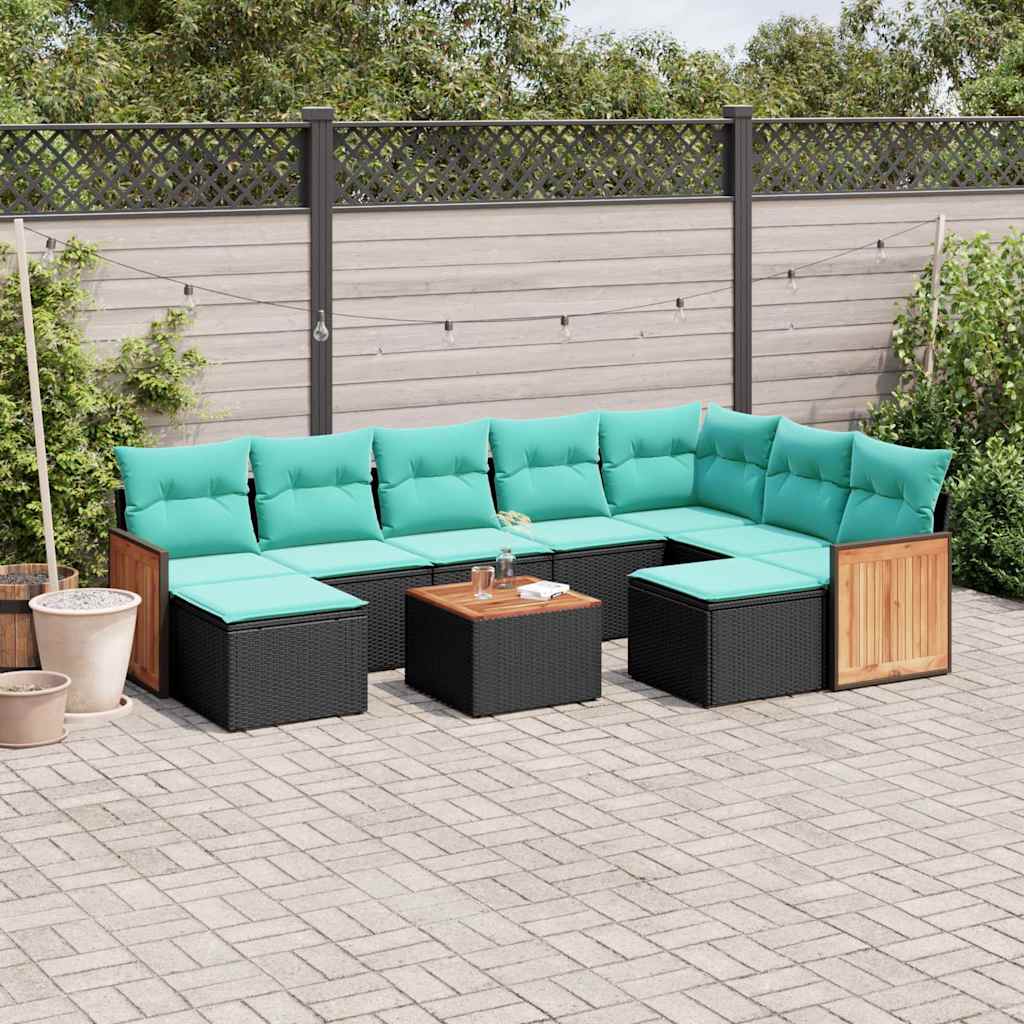 vidaXL 9-delige tuinbankset met kussens van zwart polyrotan