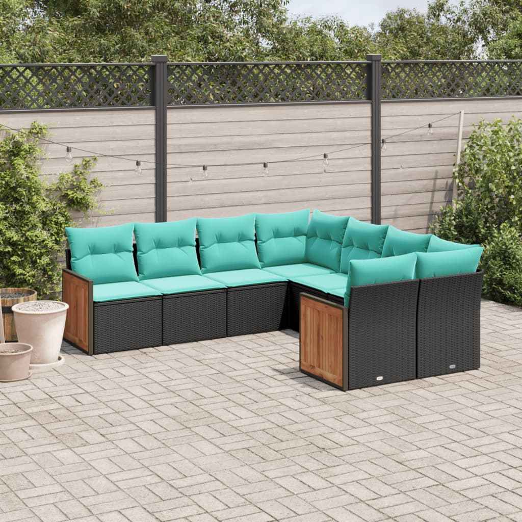 vidaXL 8-delige tuinbankset met kussens, zwart polyrotan