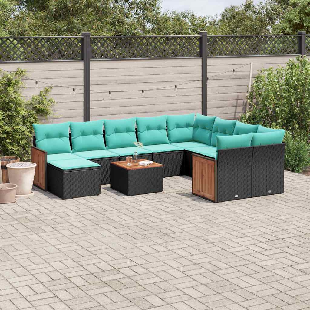 vidaXL 11-delige tuinbankset met kussens, zwart polyrotan