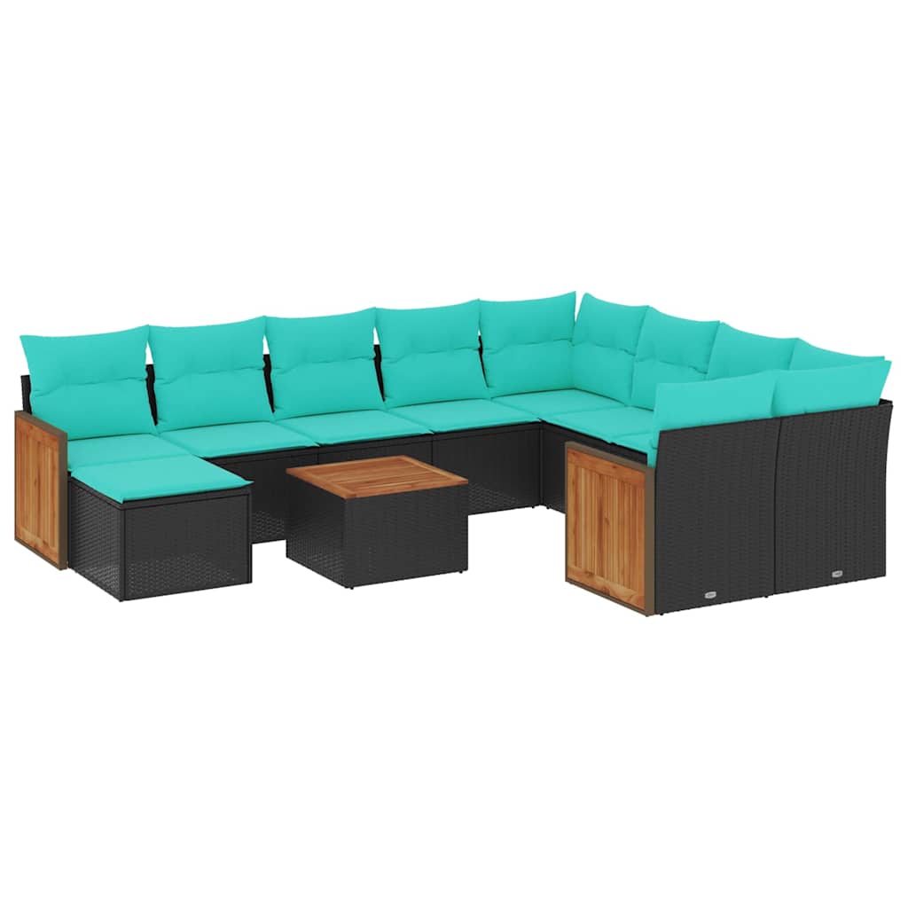vidaXL 11-delige tuinbankset met kussens, zwart polyrotan