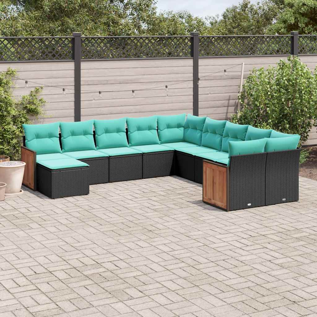 vidaXL 11-delige tuinbankset met kussens, zwart polyrotan