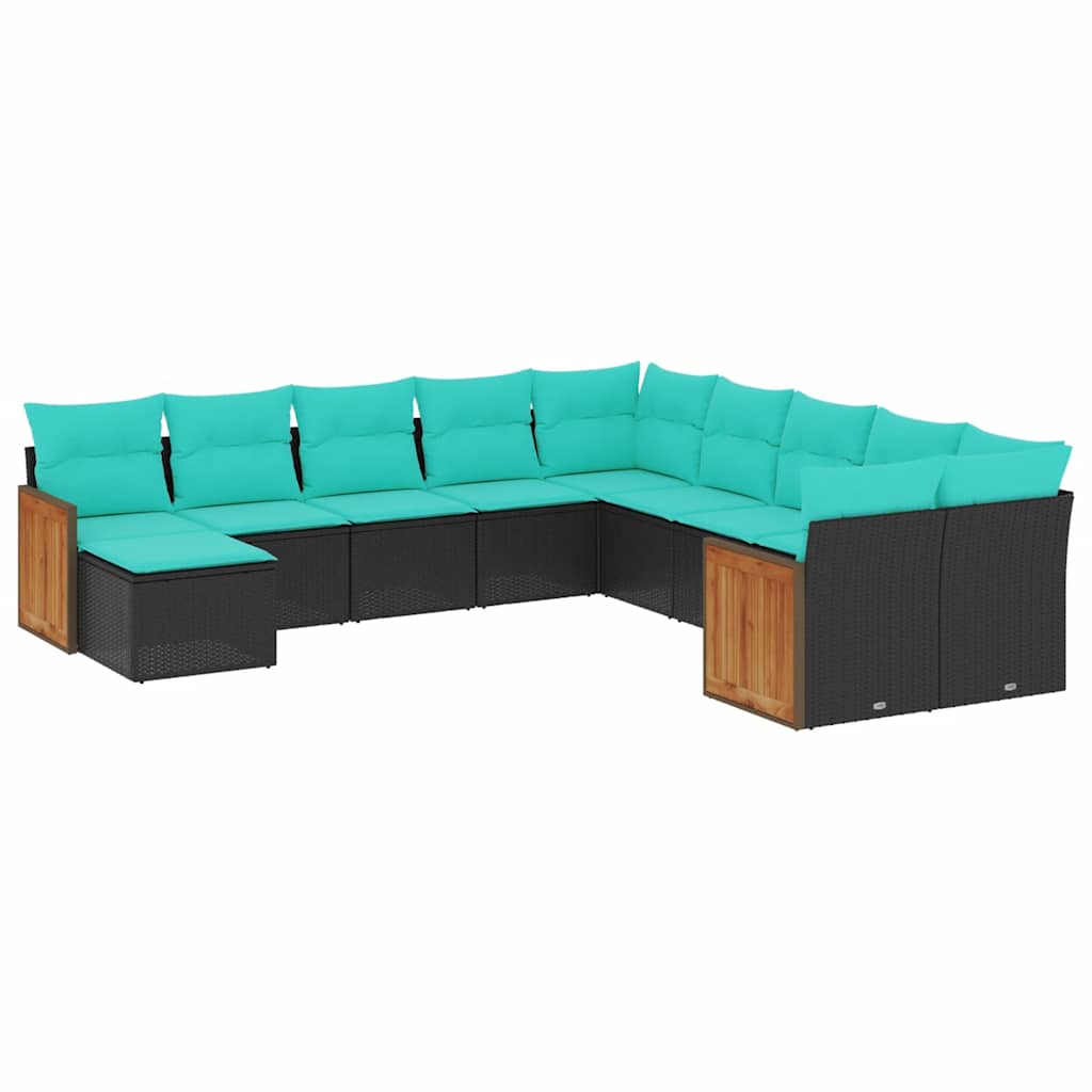 vidaXL 11-delige tuinbankset met kussens, zwart polyrotan