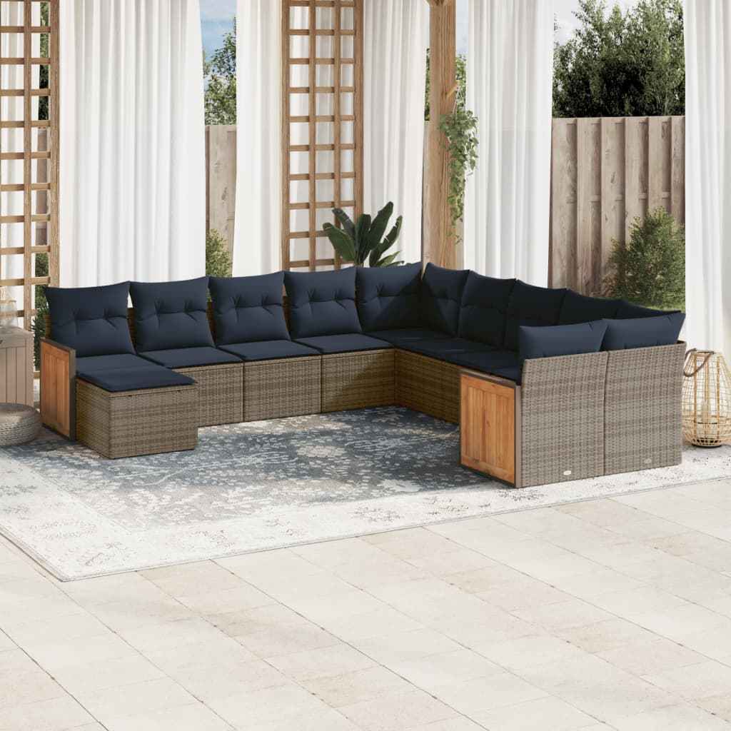vidaXL 11-delige tuinbankset met kussens, zwart polyrotan