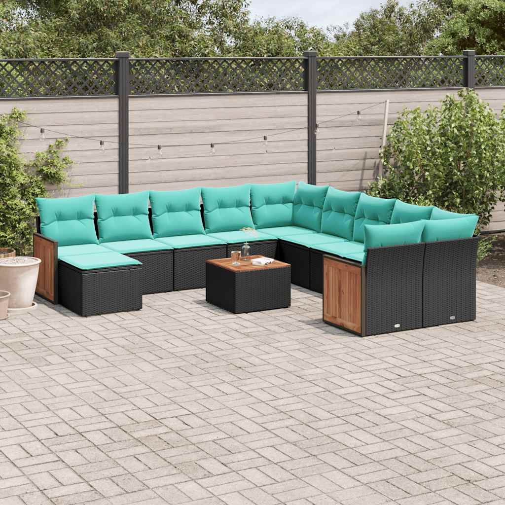 vidaXL 11-delige tuinbankset met kussens, zwart polyrotan