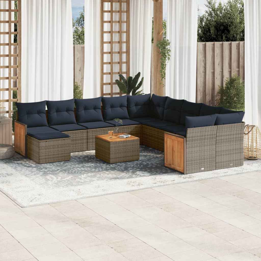 vidaXL 11-delige tuinbankset met kussens, zwart polyrotan