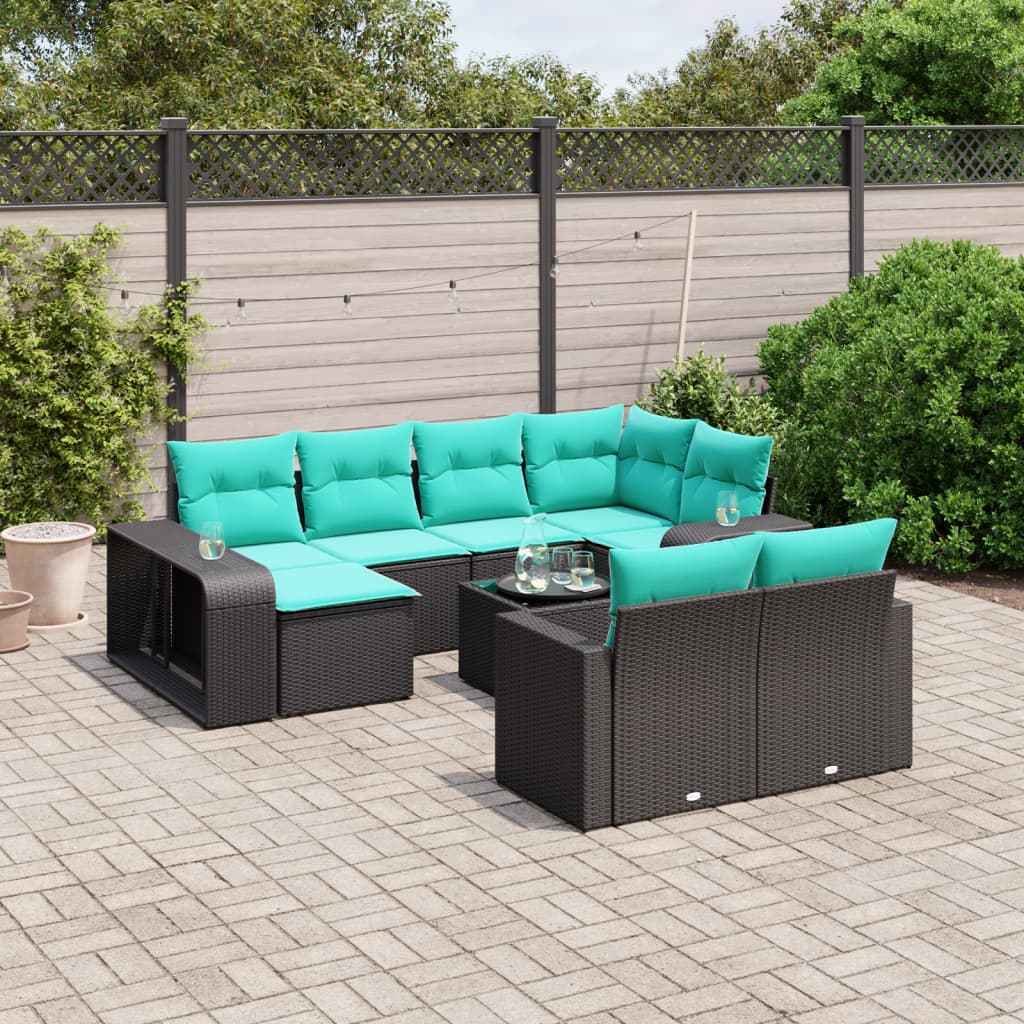 vidaXL 11-delige tuinbankset met kussens, zwart polyrotan