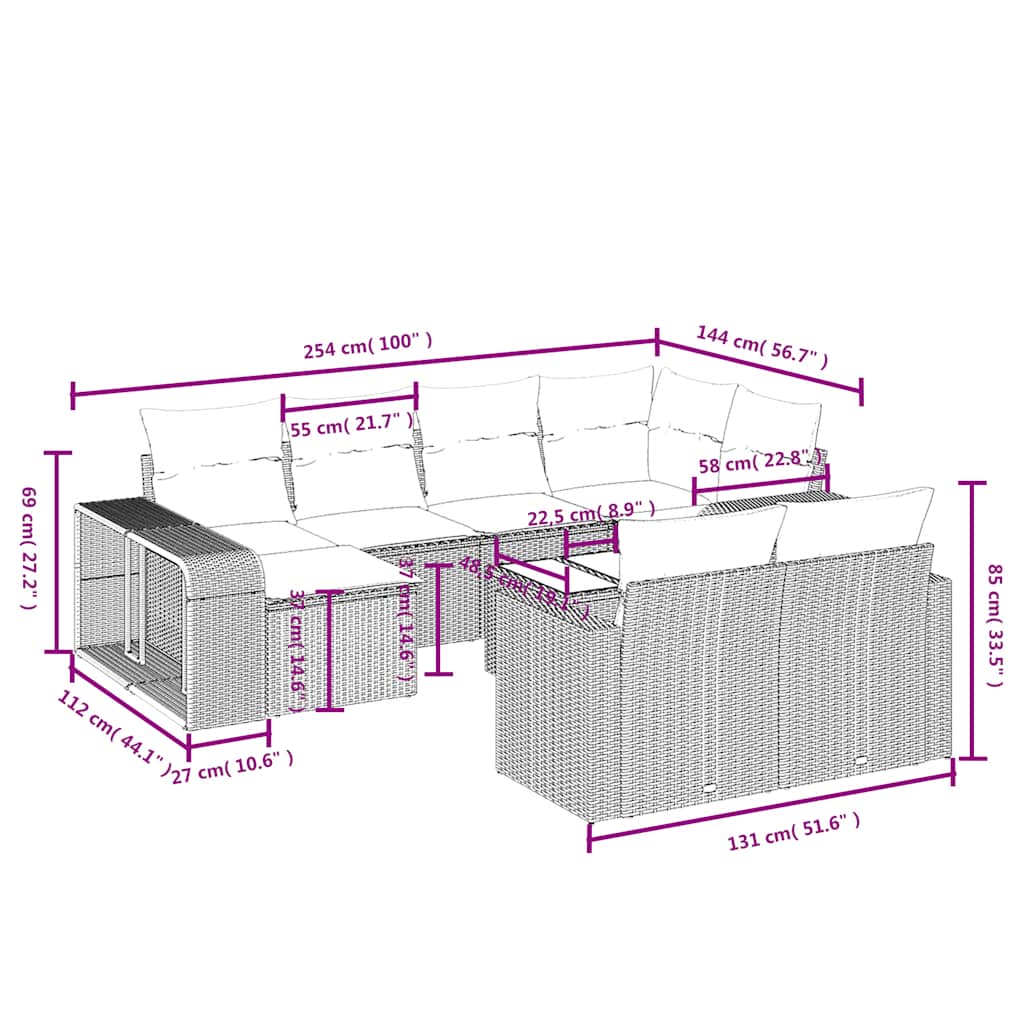vidaXL 11-delige tuinbankset met kussens, zwart polyrotan
