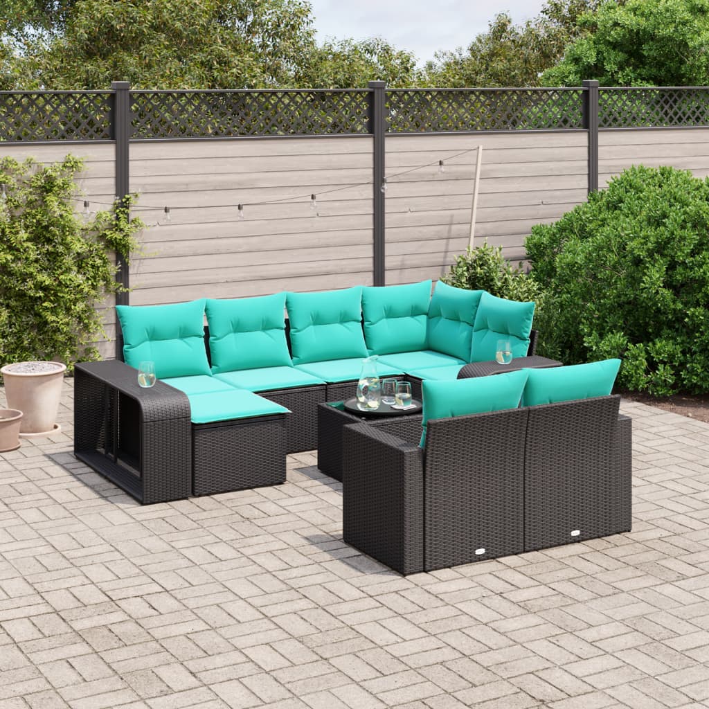 vidaXL 11-delige tuinbankset met kussens, zwart polyrotan