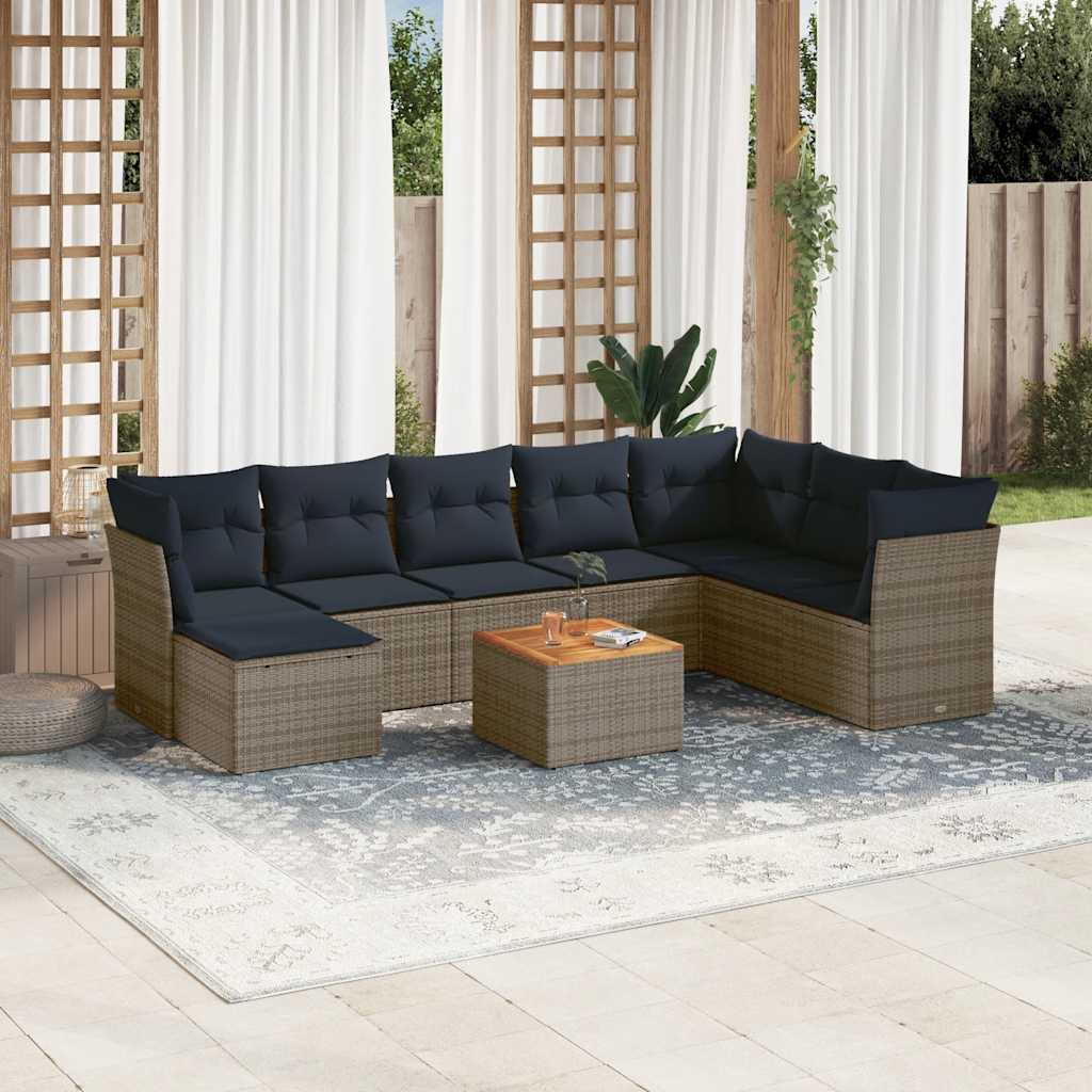 vidaXL 9-delige tuinbankset met kussens, grijs polyrotan
