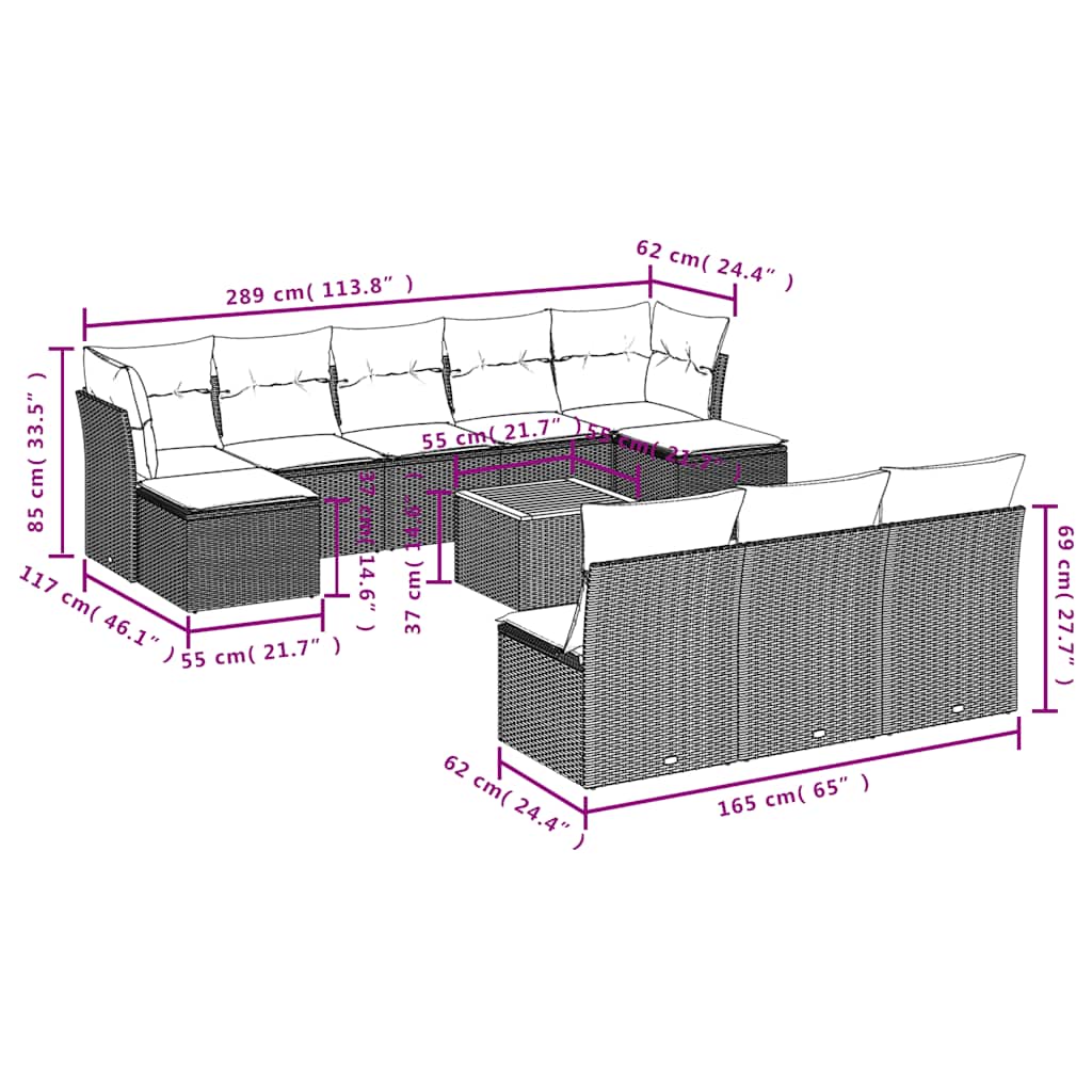 vidaXL 11-delige tuinbankset met kussens, grijs polyrotan