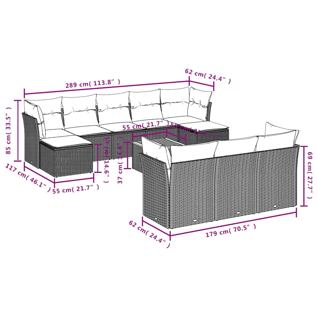 vidaXL 11-delige tuinbankset met kussens, grijs polyrotan