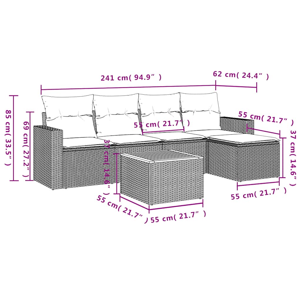 vidaXL 6-delige tuinbankset met kussens, grijs polyrotan