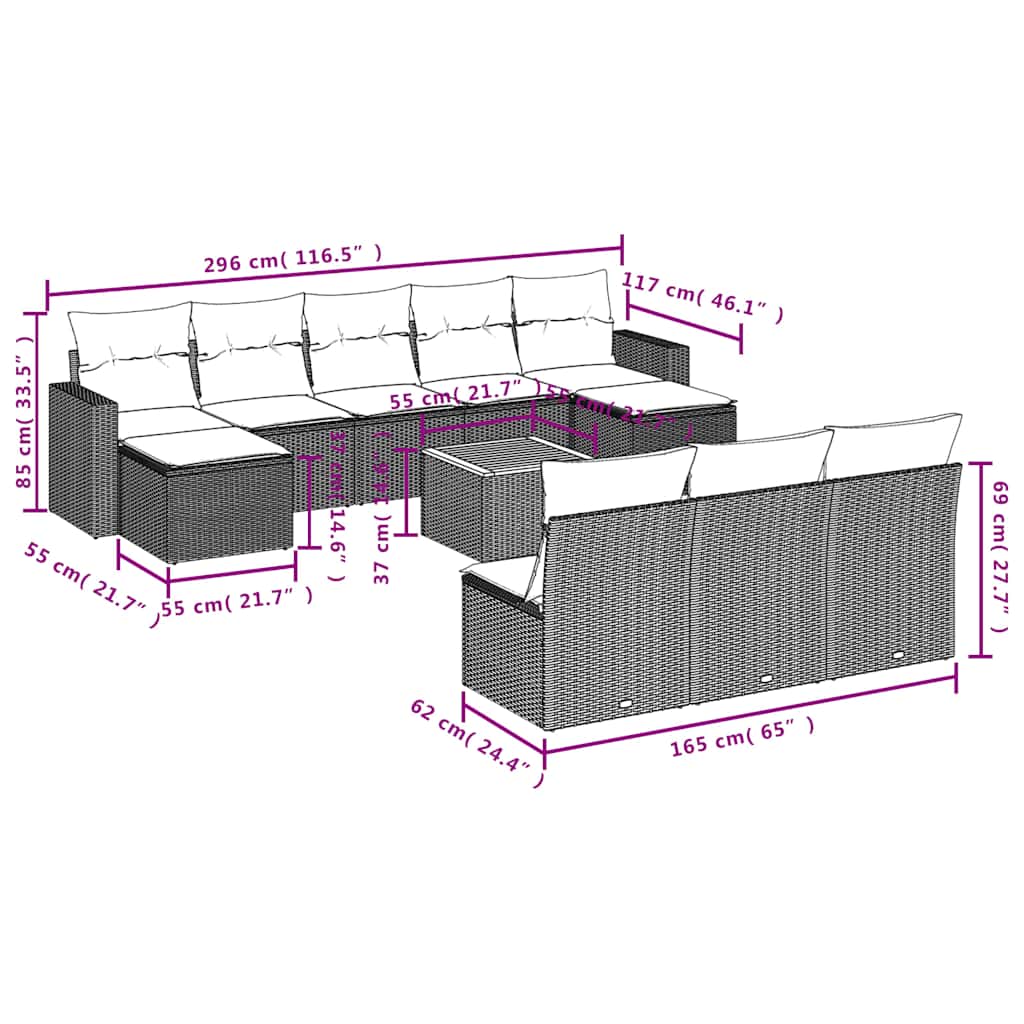 vidaXL 11-delige tuinbankset met kussens, grijs polyrotan