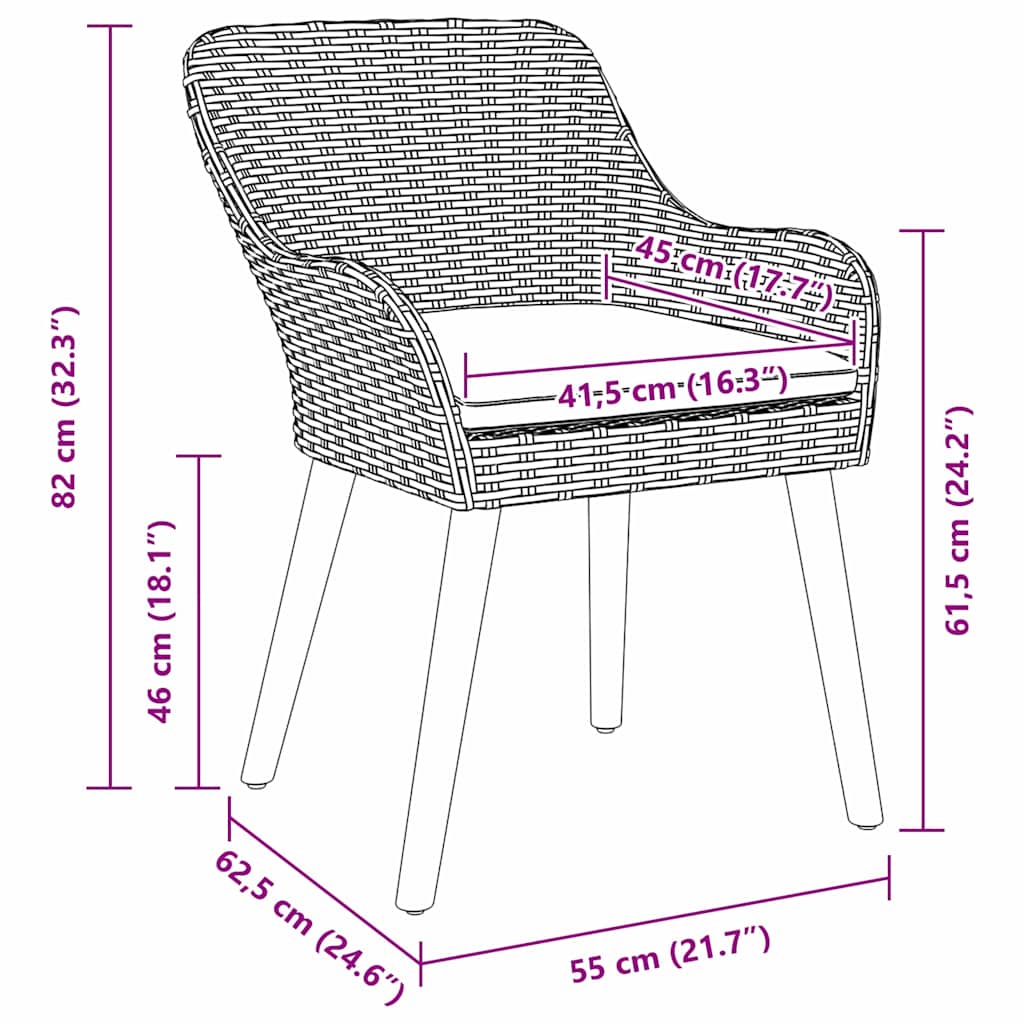 vidaXL Tuin eettafelset met kussen 3 pcs Zwart poly rattan