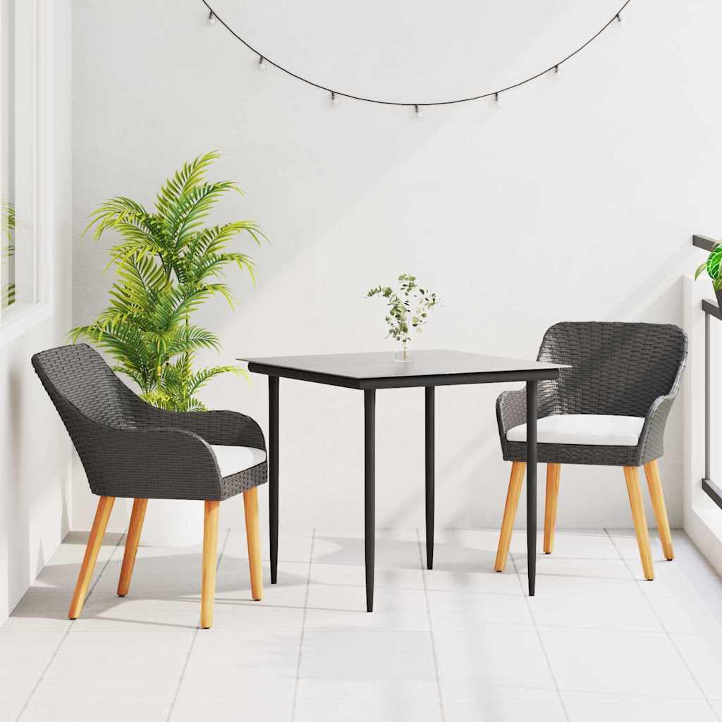 vidaXL Tuin eettafelset met kussen 3 pcs Zwart poly rattan