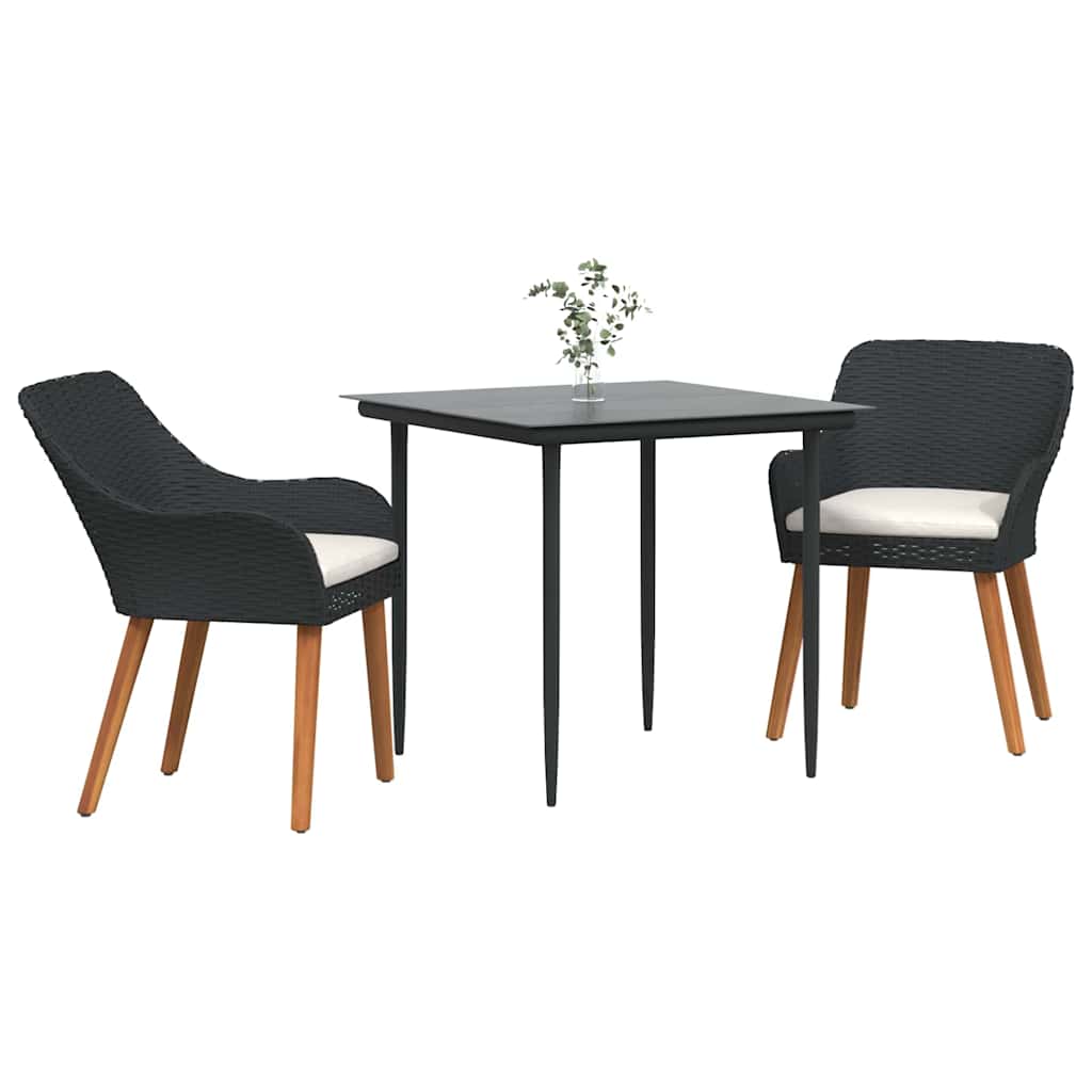 vidaXL Tuin eettafelset met kussen 3 pcs Zwart poly rattan