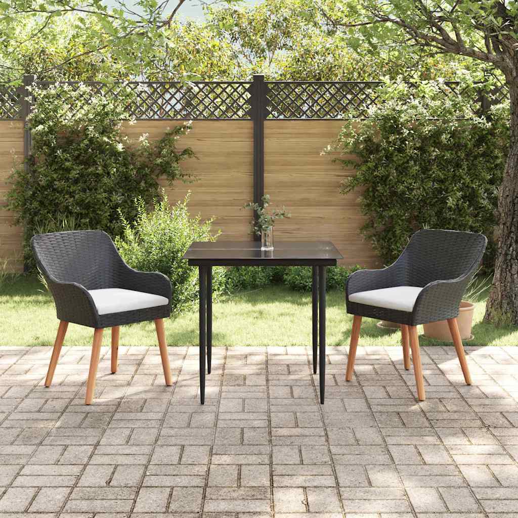 vidaXL Tuin eettafelset met kussen 3 pcs Zwart poly rattan