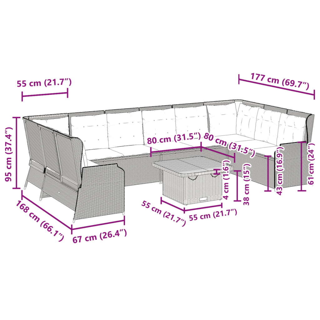 vidaXL 7-delige Loungeset met kussens poly rattan grijs