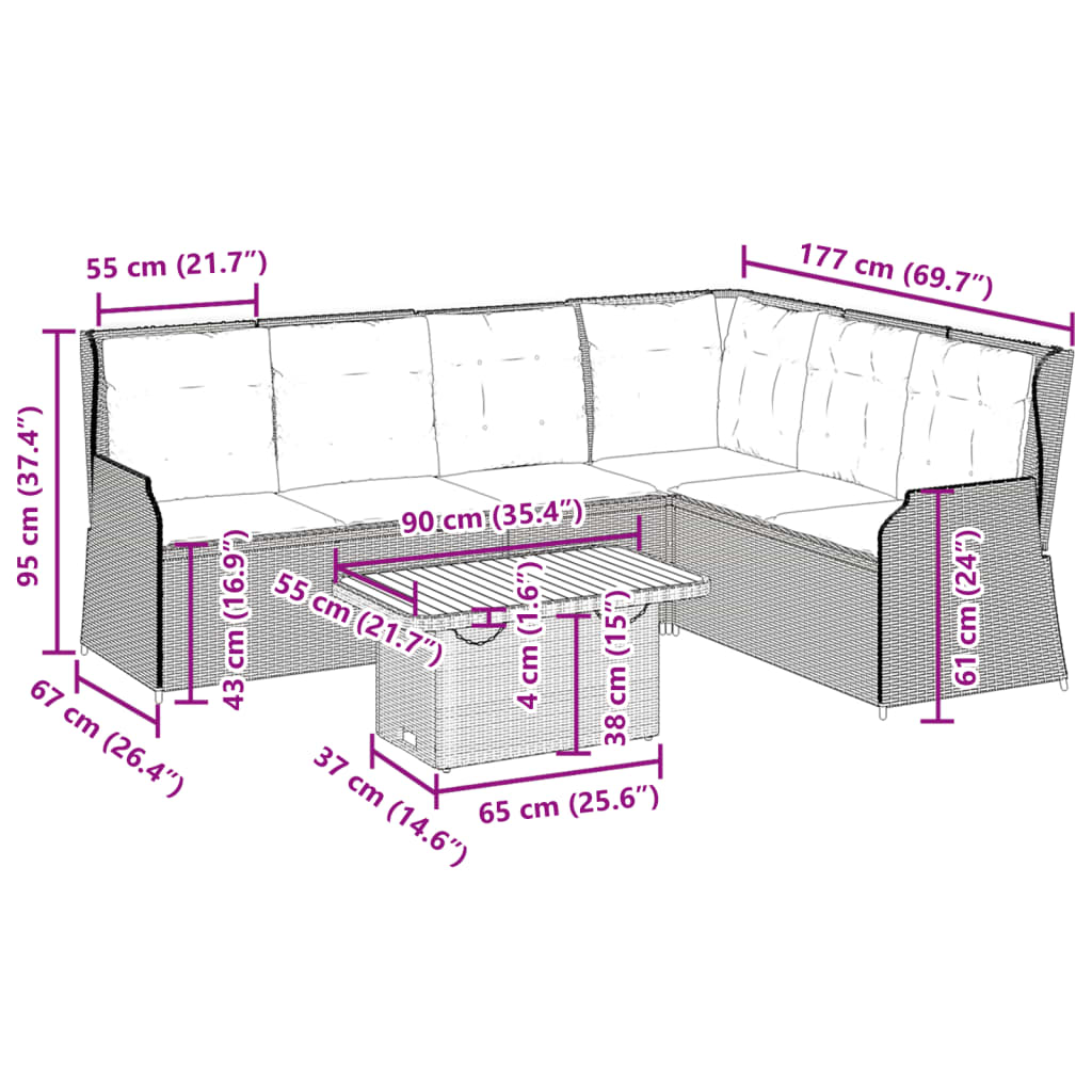 vidaXL 5-delige Loungeset met kussens poly rattan beige
