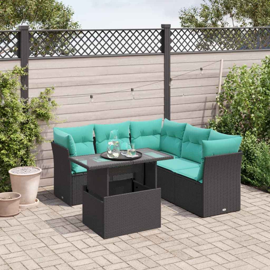 vidaXL 6-delige tuinbankset met kussens van zwart polyrotan