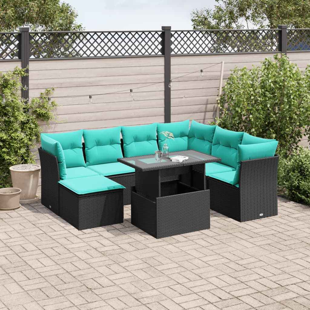 vidaXL 8-delige tuinbankset met kussens, zwart polyrotan