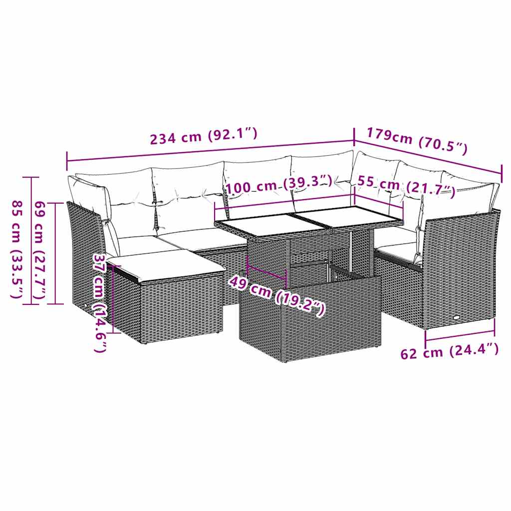vidaXL 8-delige tuinbankset met kussens, zwart polyrotan