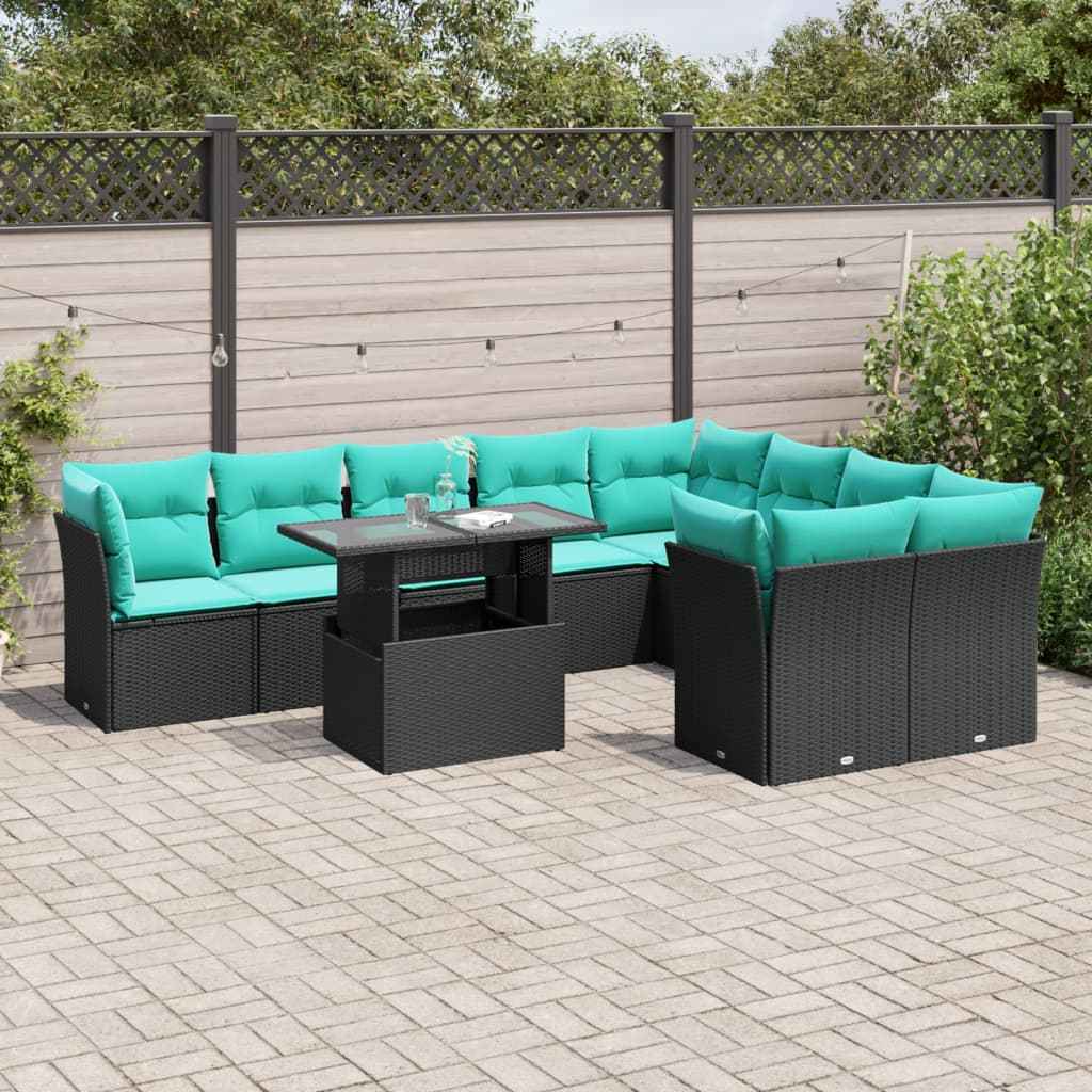 vidaXL 10-delige tuinbankset met kussens van zwart polyrotan