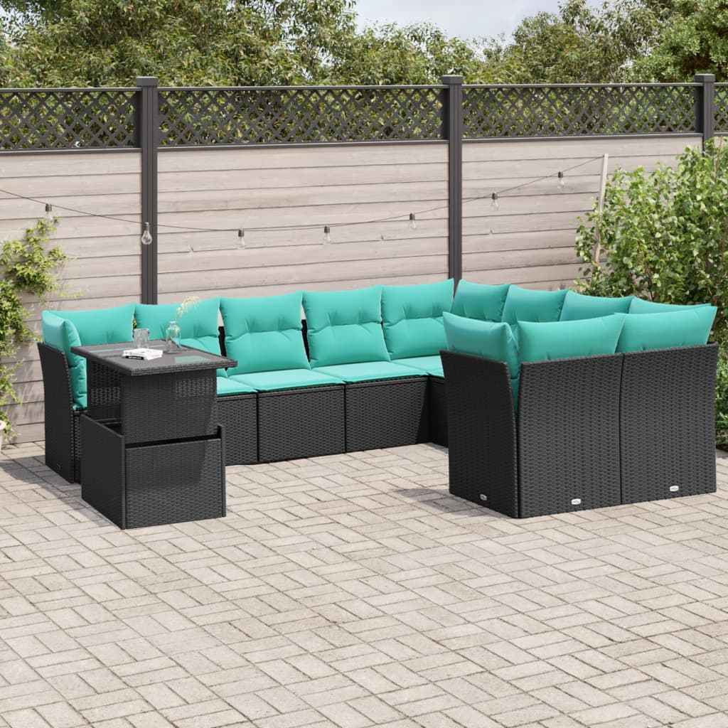 vidaXL 10-delige tuinbankset met kussens van zwart polyrotan