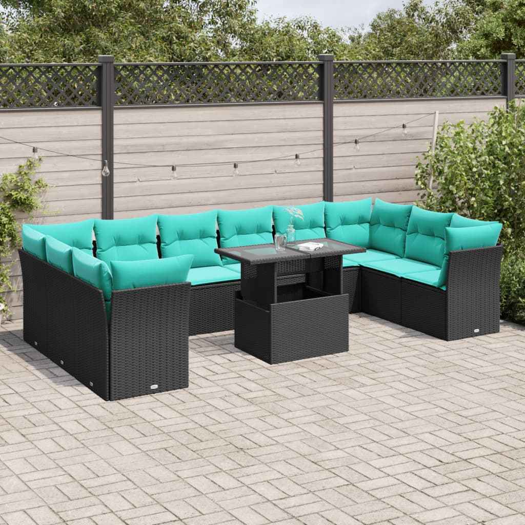 vidaXL 11-delige tuinbankset met kussens, zwart polyrotan