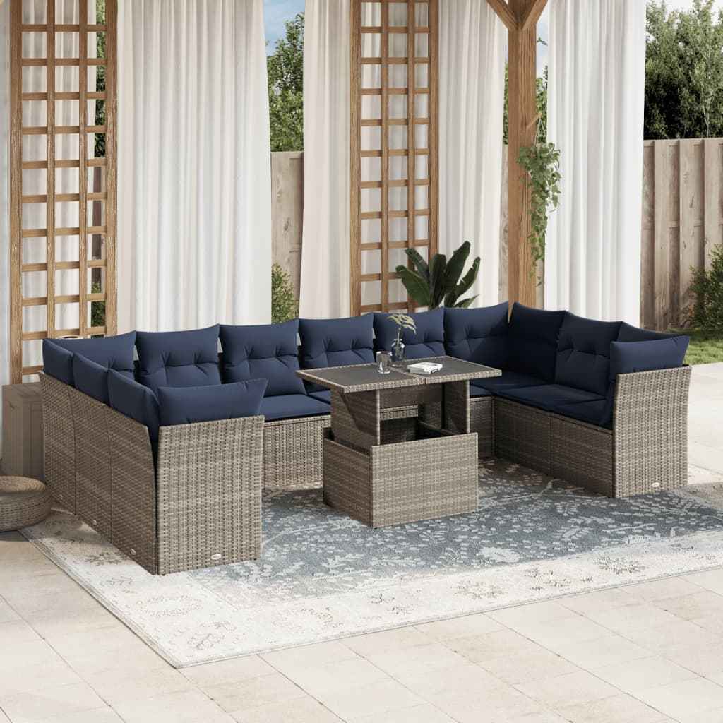 vidaXL 11-delige tuinbankset met kussens, zwart polyrotan