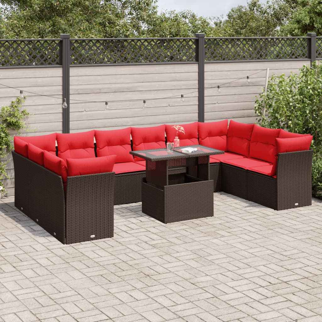 vidaXL 11-delige tuinbankset met kussens, zwart polyrotan