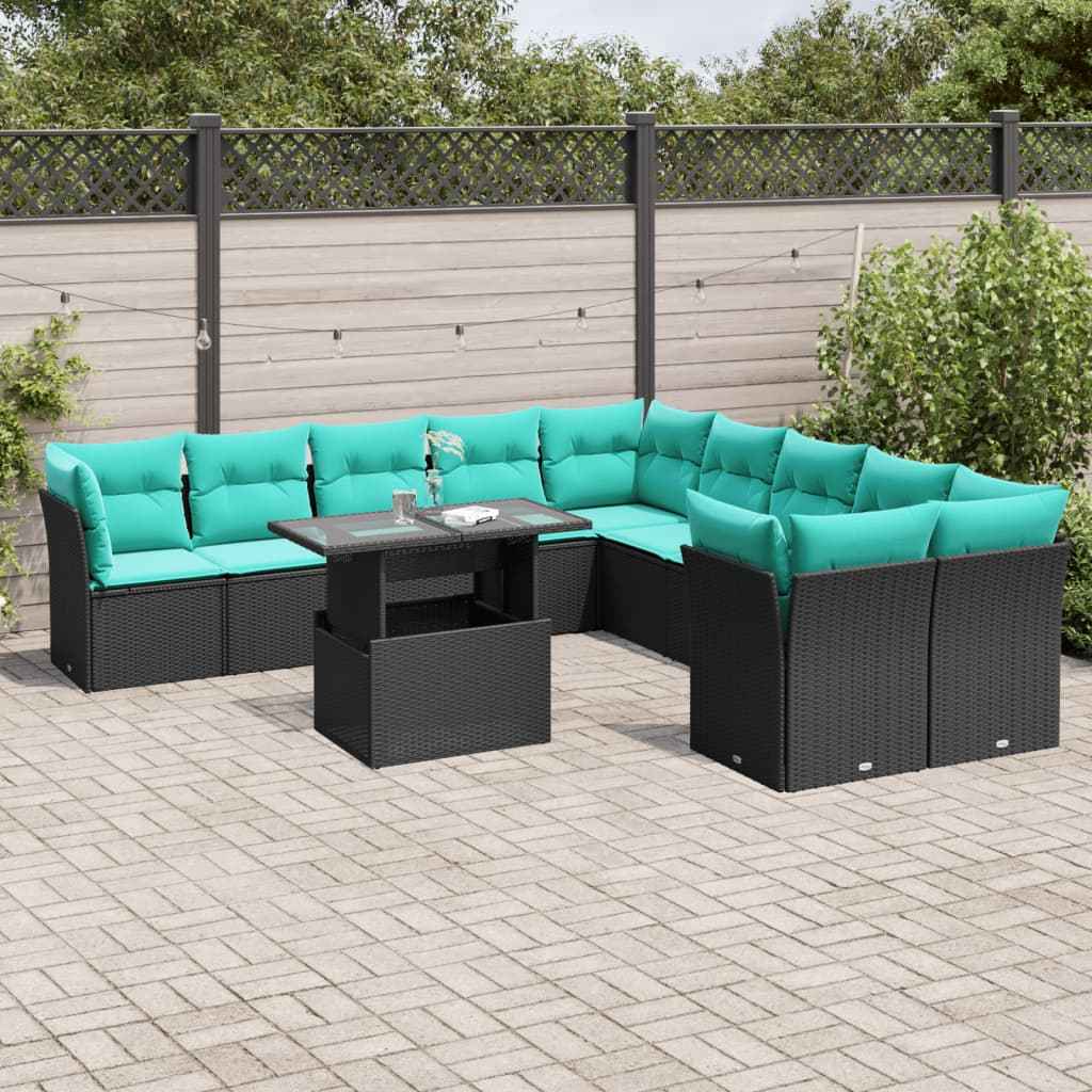 vidaXL 11-delige tuinbankset met kussens, zwart polyrotan