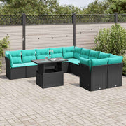 vidaXL 11-delige tuinbankset met kussens, zwart polyrotan