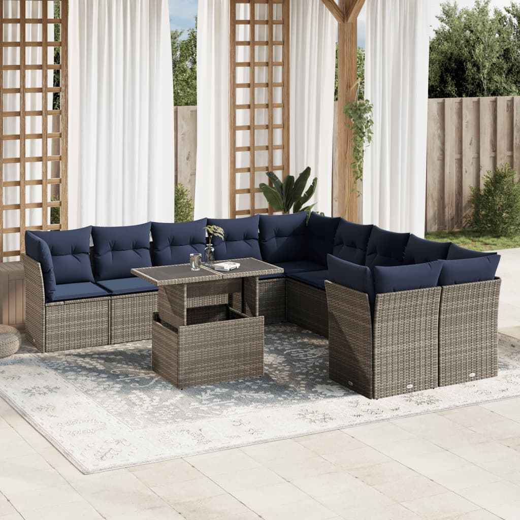 vidaXL 11-delige tuinbankset met kussens, zwart polyrotan