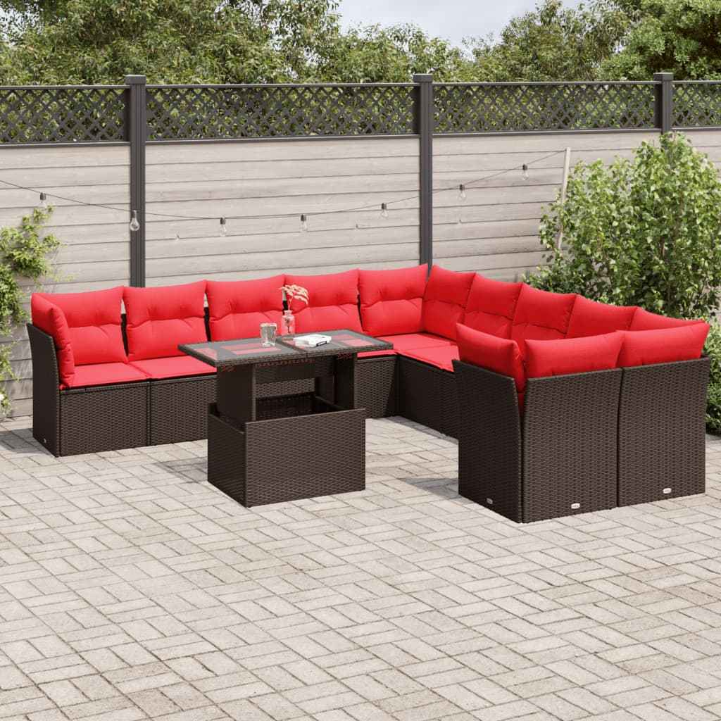 vidaXL 11-delige tuinbankset met kussens, zwart polyrotan