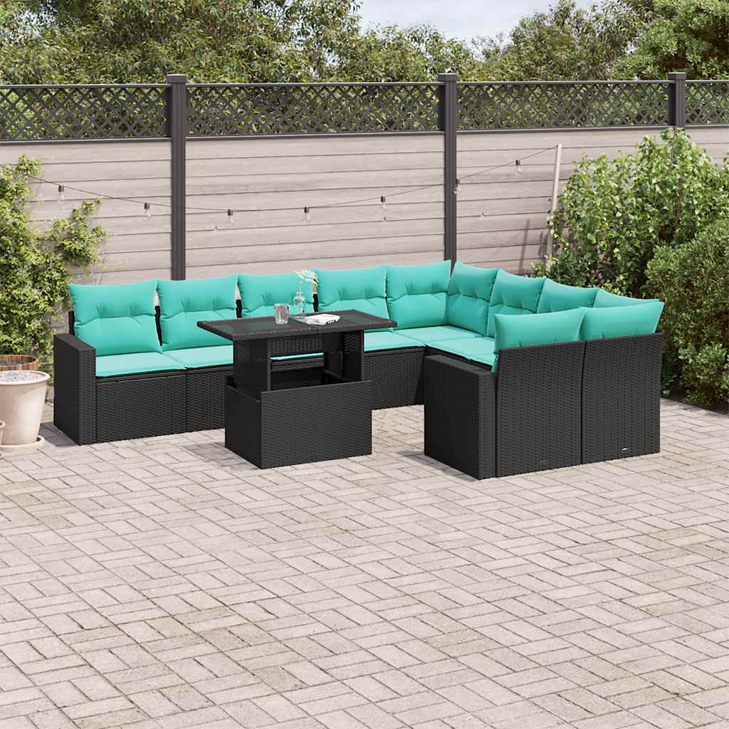 vidaXL 10-delige tuinbankset met kussens van zwart polyrotan