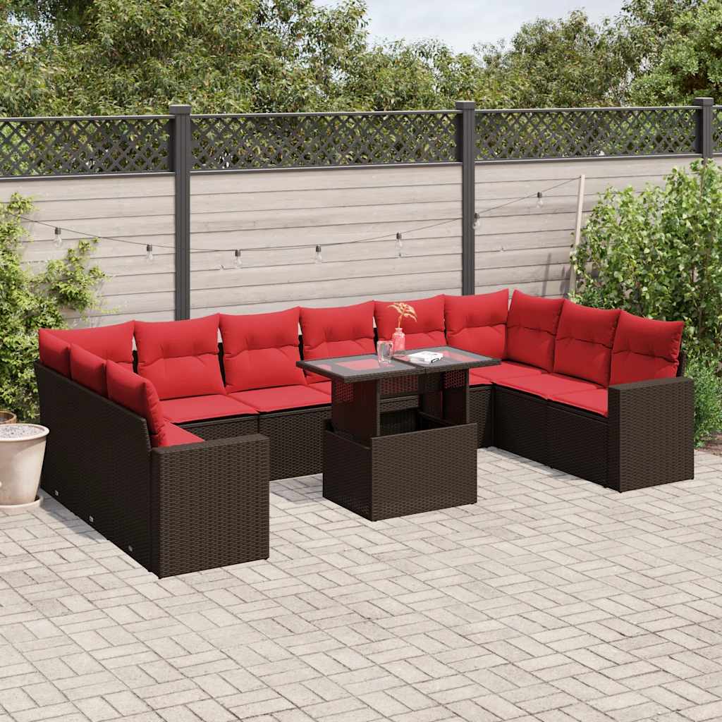 vidaXL 11-delige tuinbankset met kussens, zwart polyrotan