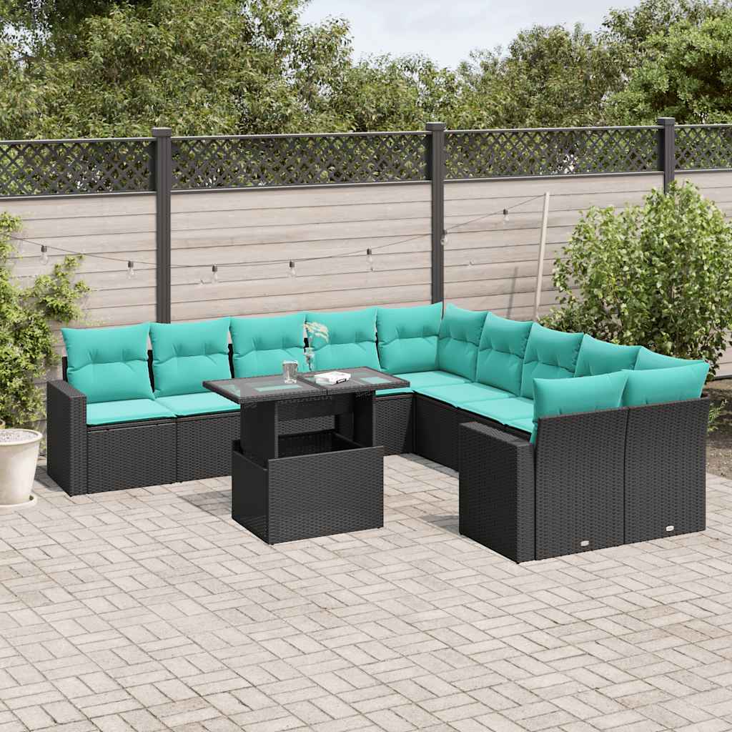 vidaXL 11-delige tuinbankset met kussens, zwart polyrotan