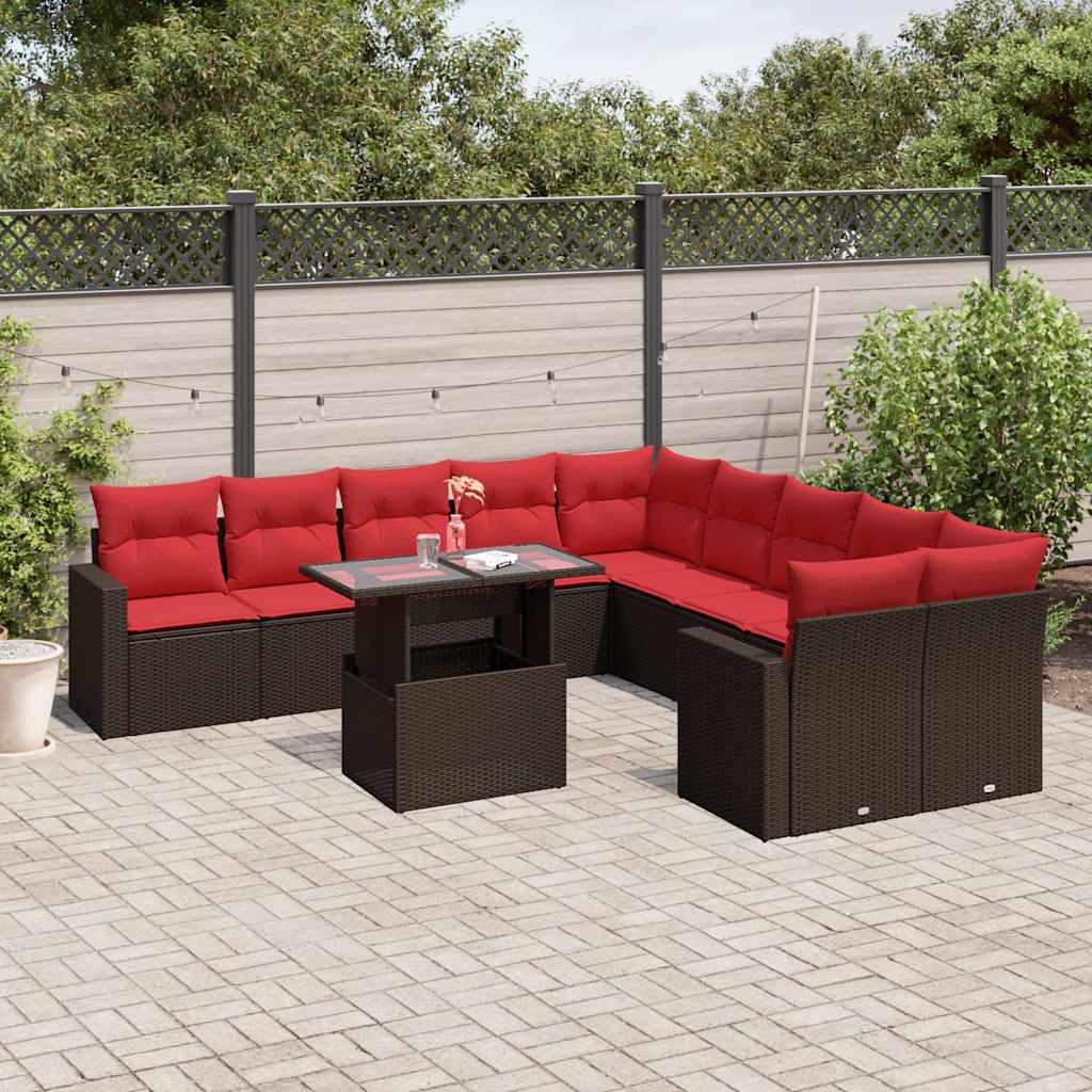 vidaXL 11-delige tuinbankset met kussens, zwart polyrotan