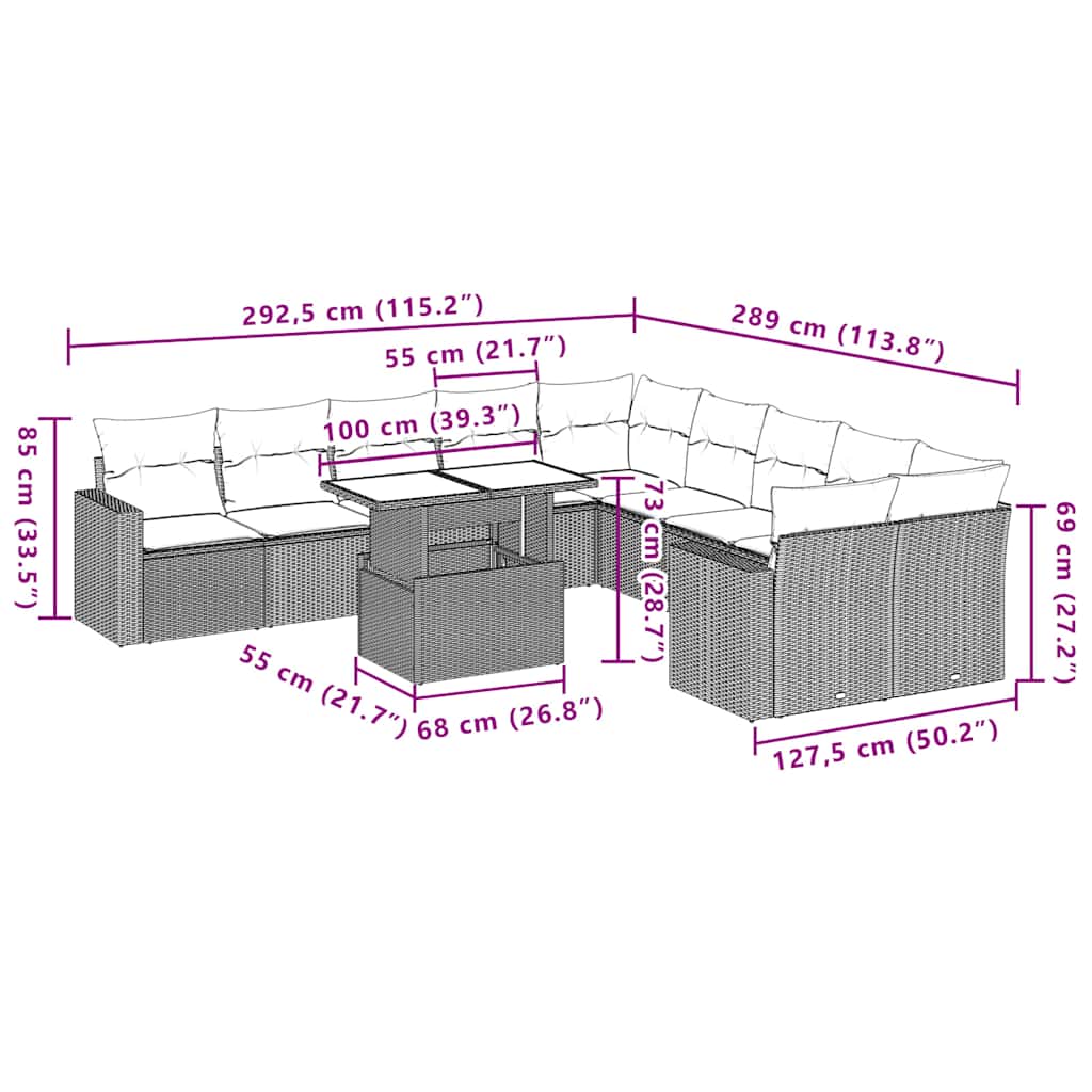 vidaXL 11-delige tuinbankset met kussens, zwart polyrotan