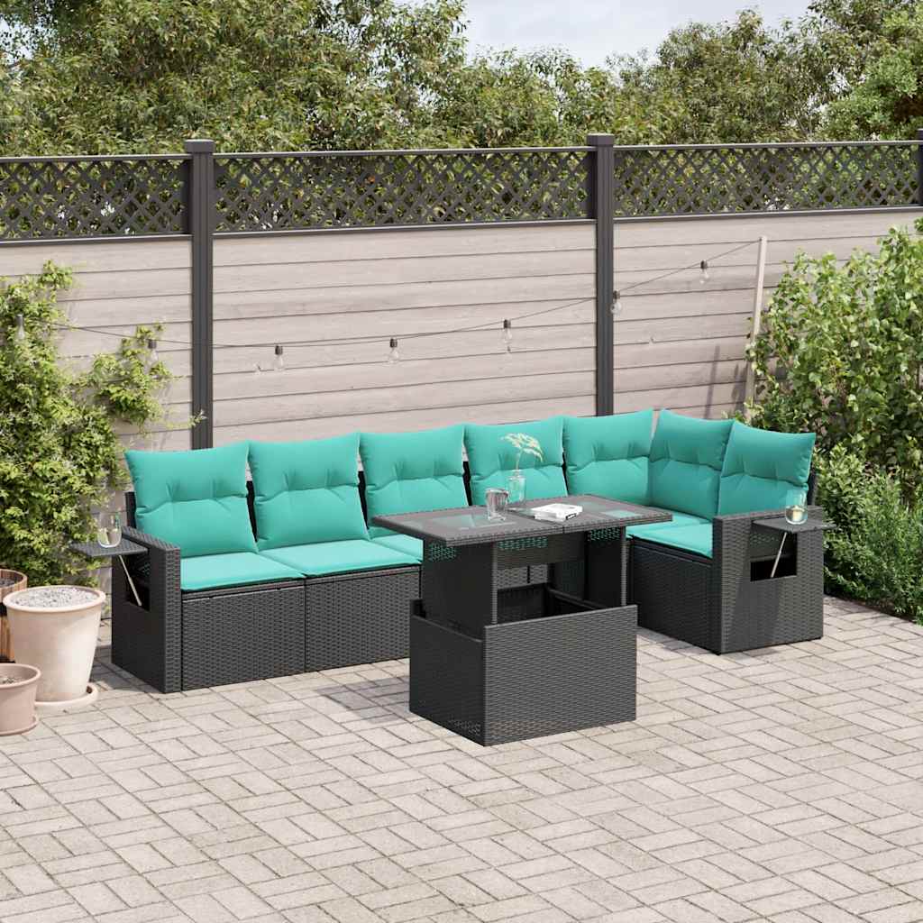 vidaXL 7-delige tuinbankset met kussens van zwart polyrotan