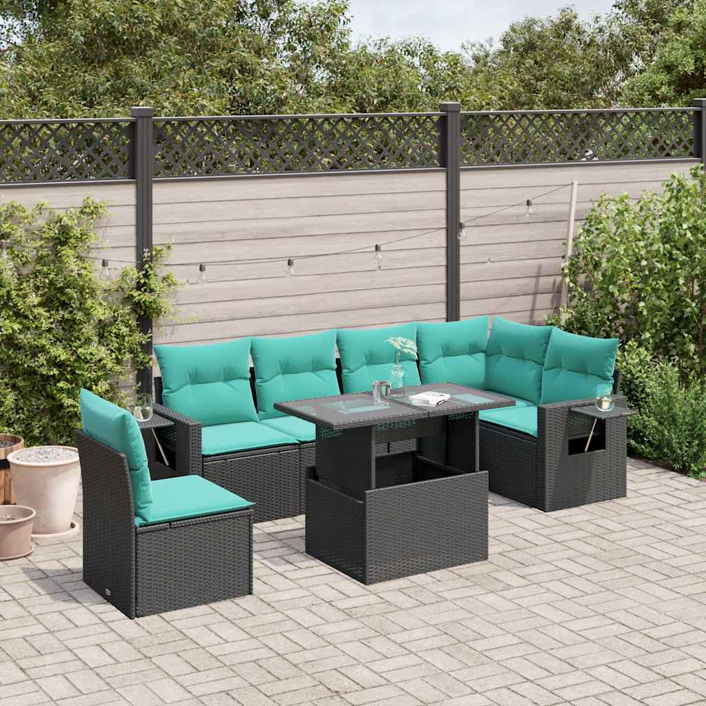 vidaXL 7-delige tuinbankset met kussens van zwart polyrotan