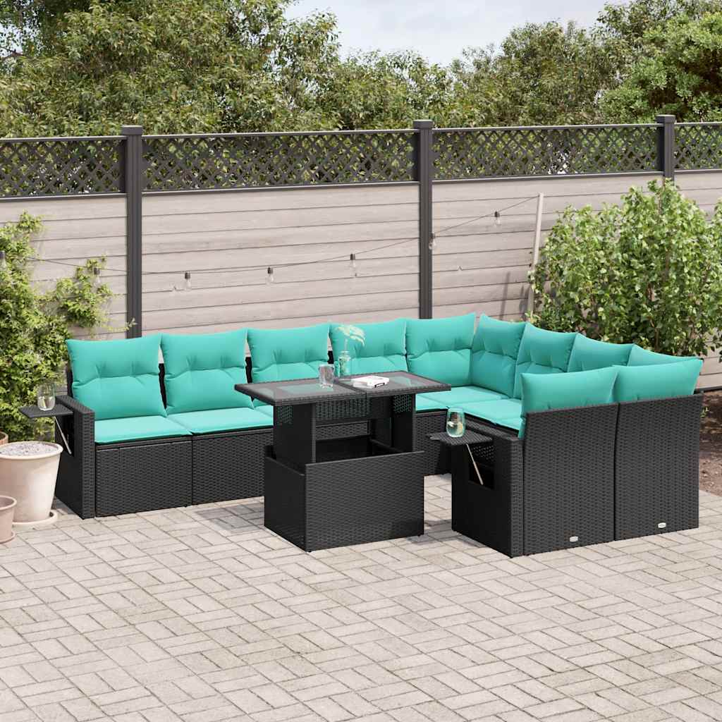 vidaXL 10-delige tuinbankset met kussens van zwart polyrotan
