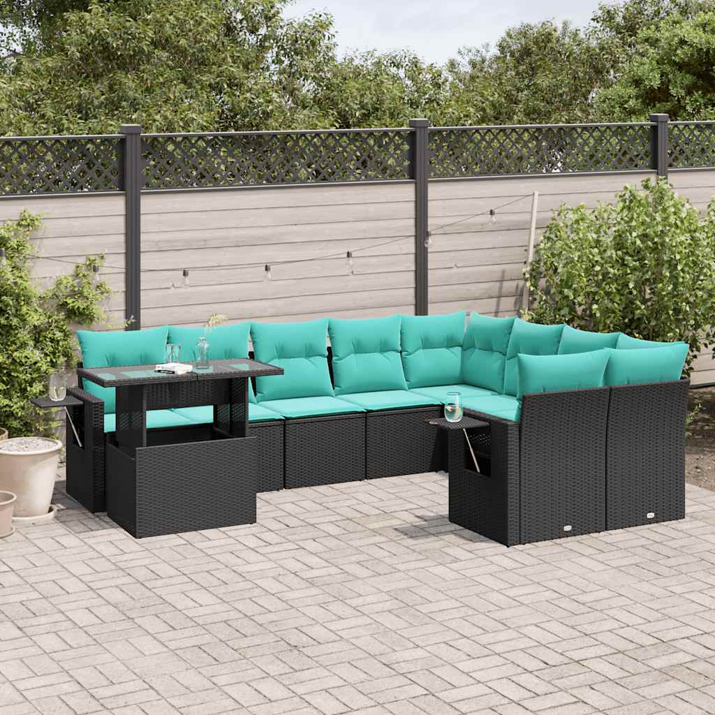 vidaXL 10-delige tuinbankset met kussens van zwart polyrotan